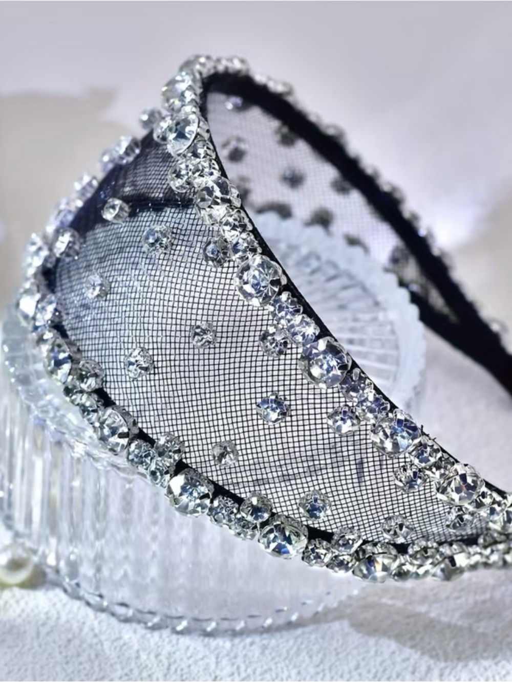 Crystal Embellished Black Mesh Headband